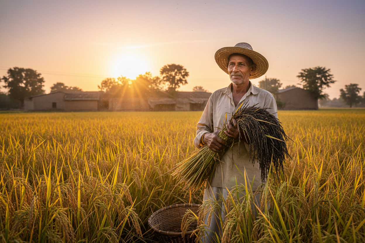 Farmer holding organic Kalanamak paddy with black husks in a sunlit field